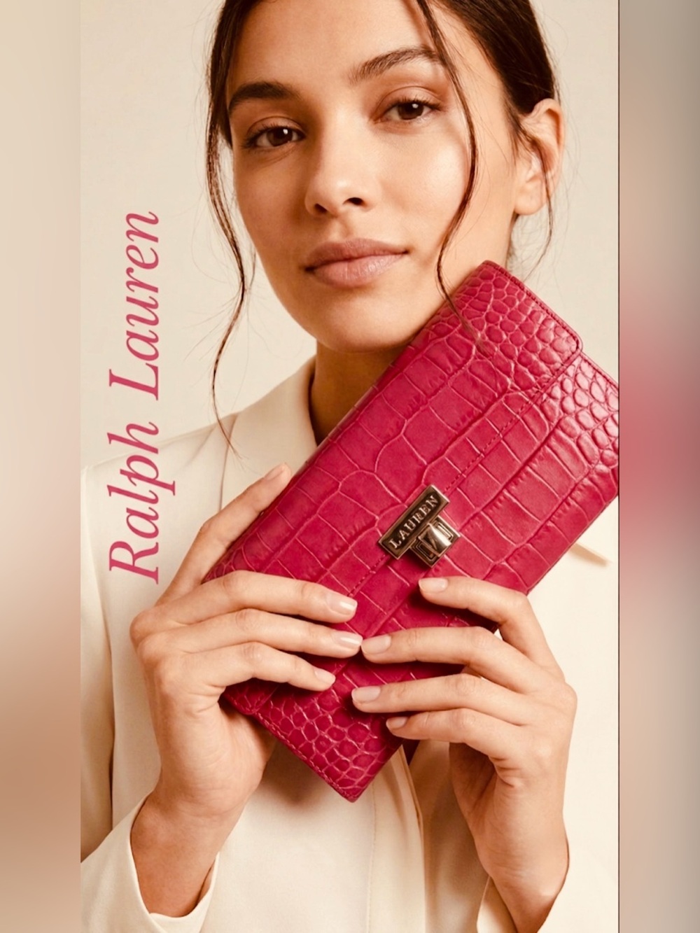 Lauren Ralph Lauren Pink Magenta Crocodile Embossed Leather Wallet Clutch